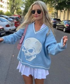 Trendy & Unique Oversized Skull Print Contrast V Neck Long Sleeve Pullover Sweater - Blue