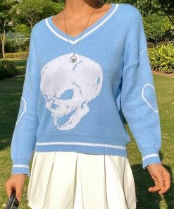 Trendy & Unique Oversized Skull Print Contrast V Neck Long Sleeve Pullover Sweater - Blue