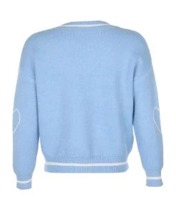 Trendy & Unique Oversized Skull Print Contrast V Neck Long Sleeve Pullover Sweater - Blue