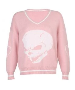Trendy & Unique What's New Oversized Skull Print Contrast V Neck Long Sleeve Pullover Sweater - Pink
