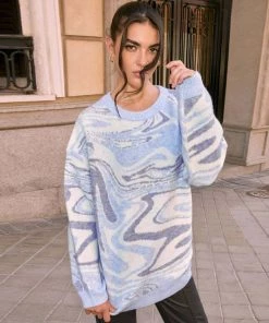 Trendy & Unique Oversized Wave Print Ribbed Long Sleeve Pullover Sweater - Blue