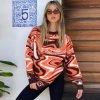 Trendy & Unique What's New Oversized Wave Print Ribbed Long Sleeve Pullover Sweater - Burnt Orange