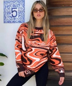 Trendy & Unique What's New Oversized Wave Print Ribbed Long Sleeve Pullover Sweater - Burnt Orange