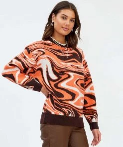 Trendy & Unique What's New Oversized Wave Print Ribbed Long Sleeve Pullover Sweater - Burnt Orange