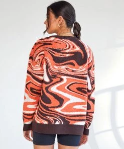Trendy & Unique What's New Oversized Wave Print Ribbed Long Sleeve Pullover Sweater - Burnt Orange
