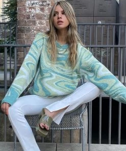 Trendy & Unique What's New Oversized Wave Print Ribbed Long Sleeve Pullover Sweater - Green