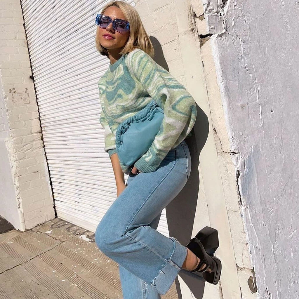 Trendy & Unique What's New Oversized Wave Print Ribbed Long Sleeve Pullover Sweater - Green 5 Trendy & Unique What's New Oversized Wave Print Ribbed Long Sleeve Pullover Sweater - Green