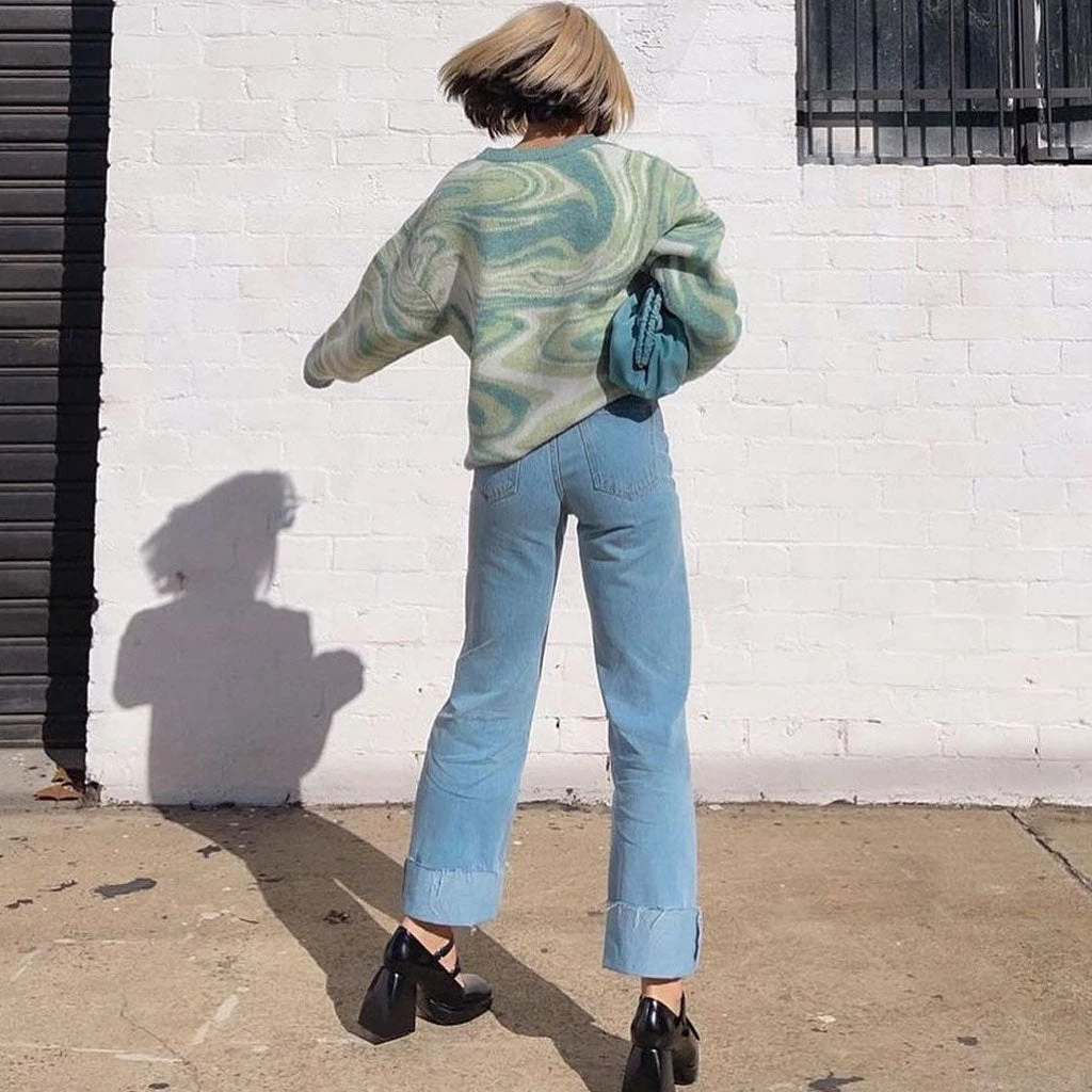 Trendy & Unique What's New Oversized Wave Print Ribbed Long Sleeve Pullover Sweater - Green 6 Trendy & Unique What's New Oversized Wave Print Ribbed Long Sleeve Pullover Sweater - Green