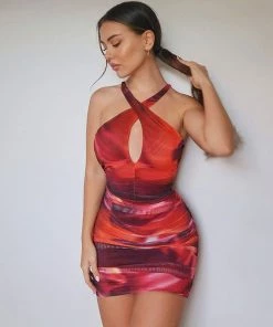 Trendy & Unique Party Ready Tie Dye Cross Strap Ruched Bodycon Mini Dress - Red