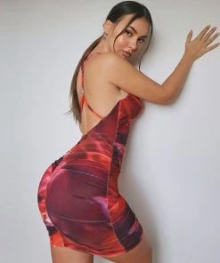 Trendy & Unique Party Ready Tie Dye Cross Strap Ruched Bodycon Mini Dress - Red