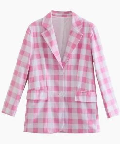 Trendy & Unique Sweet Plaid Print Long Sleeve Blazer And Pleated Mini Skirt Matching Set - Pink What's New