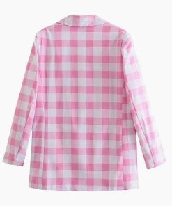 Trendy & Unique Sweet Plaid Print Long Sleeve Blazer And Pleated Mini Skirt Matching Set - Pink What's New