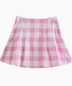 Trendy & Unique Sweet Plaid Print Long Sleeve Blazer And Pleated Mini Skirt Matching Set - Pink What's New