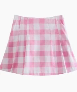Trendy & Unique Sweet Plaid Print Long Sleeve Blazer And Pleated Mini Skirt Matching Set - Pink What's New