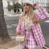 Trendy & Unique Sweet Plaid Print Long Sleeve Blazer And Pleated Mini Skirt Matching Set - Pink What's New