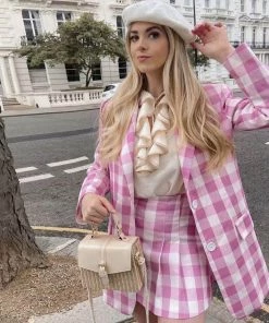 Trendy & Unique Sweet Plaid Print Long Sleeve Blazer And Pleated Mini Skirt Matching Set - Pink What's New