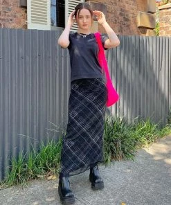 Trendy & Unique What's New Plaid Printed High Waist Mesh Panel Bodycon Midi Skirt - Black