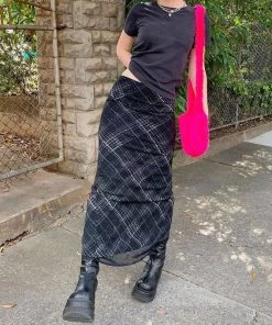 Trendy & Unique What's New Plaid Printed High Waist Mesh Panel Bodycon Midi Skirt - Black