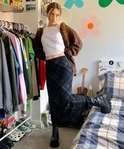 Trendy & Unique What's New Plaid Printed High Waist Mesh Panel Bodycon Midi Skirt - Black