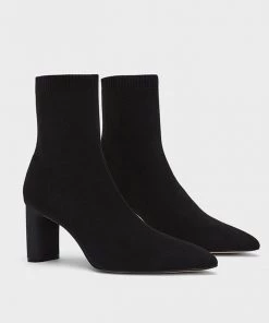 Trendy & Unique Elegant Pointed Toe Chunky Heel Mid Calf Sock Boots - Black
