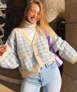 Trendy & Unique Preppy Houndstooth V Neck Long Sleeve Button Up Cardigan - Blue