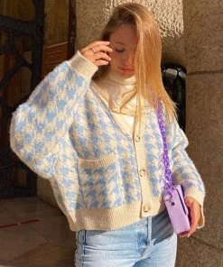 Trendy & Unique Preppy Houndstooth V Neck Long Sleeve Button Up Cardigan - Blue