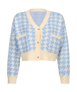 Trendy & Unique Preppy Houndstooth V Neck Long Sleeve Button Up Cardigan - Blue