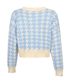 Trendy & Unique Preppy Houndstooth V Neck Long Sleeve Button Up Cardigan - Blue