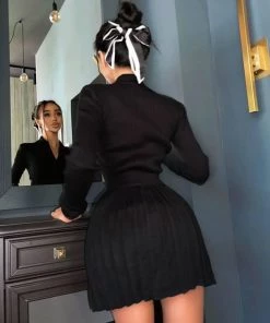 Trendy & Unique Preppy Rib Knit Collared Pleated Skirt Matching Set - Black What's New