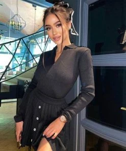 Trendy & Unique Preppy Rib Knit Collared Pleated Skirt Matching Set - Black What's New