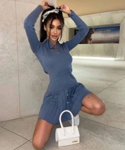 Trendy & Unique Preppy Rib Knit Collared Pleated Skirt Matching Set - Dusty Blue