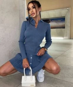 Trendy & Unique Preppy Rib Knit Collared Pleated Skirt Matching Set - Dusty Blue