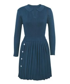 Trendy & Unique Preppy Rib Knit Collared Pleated Skirt Matching Set - Dusty Blue
