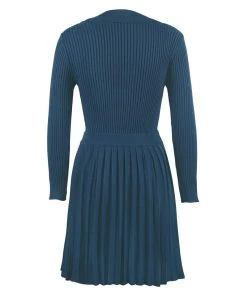 Trendy & Unique Preppy Rib Knit Collared Pleated Skirt Matching Set - Dusty Blue