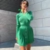Trendy & Unique Preppy Rib Knit Collared Pleated Skirt Matching Set - Emerald Green