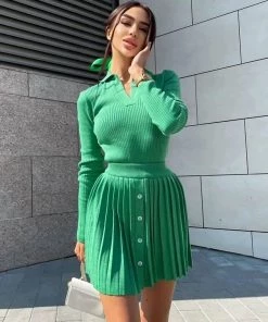Trendy & Unique Preppy Rib Knit Collared Pleated Skirt Matching Set - Emerald Green