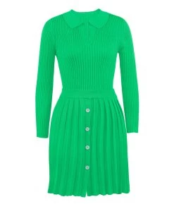 Trendy & Unique Preppy Rib Knit Collared Pleated Skirt Matching Set - Emerald Green