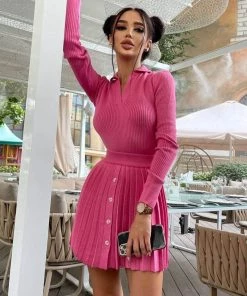 Trendy & Unique Preppy Rib Knit Collared Pleated Skirt Matching Set - Hot Pink