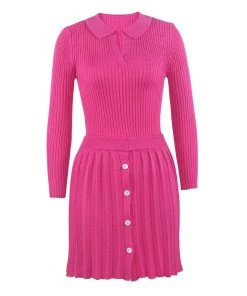 Trendy & Unique Preppy Rib Knit Collared Pleated Skirt Matching Set - Hot Pink