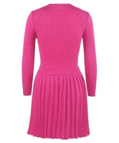 Trendy & Unique Preppy Rib Knit Collared Pleated Skirt Matching Set - Hot Pink