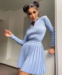 Trendy & Unique Preppy Rib Knit Collared Pleated Skirt Matching Set - Light Blue