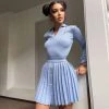 Trendy & Unique Preppy Rib Knit Collared Pleated Skirt Matching Set - Light Blue