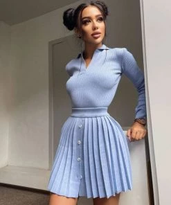 Trendy & Unique Preppy Rib Knit Collared Pleated Skirt Matching Set - Light Blue