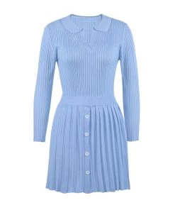 Trendy & Unique Preppy Rib Knit Collared Pleated Skirt Matching Set - Light Blue