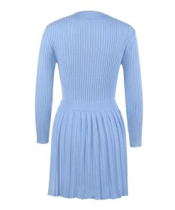 Trendy & Unique Preppy Rib Knit Collared Pleated Skirt Matching Set - Light Blue