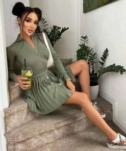 Trendy & Unique What's New Preppy Rib Knit Collared Pleated Skirt Matching Set - Sage Green