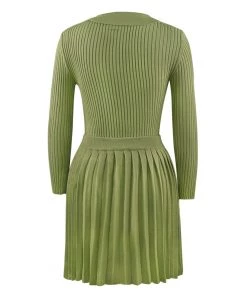 Trendy & Unique What's New Preppy Rib Knit Collared Pleated Skirt Matching Set - Sage Green
