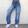 Trendy & Unique What's New Preppy Style Cut Out High Waist Frayed Straight Leg Jeans - Blue