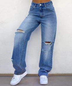 Trendy & Unique What's New Preppy Style Cut Out High Waist Frayed Straight Leg Jeans - Blue