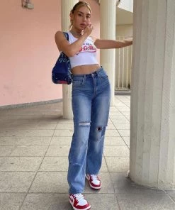 Trendy & Unique What's New Preppy Style Cut Out High Waist Frayed Straight Leg Jeans - Blue